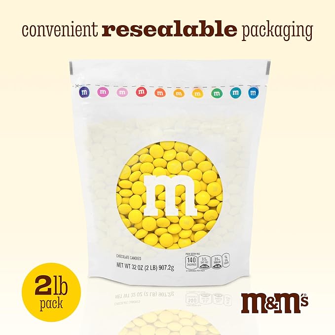 M&M’S WORLD Yellow Milk Chocolate Candy for Birthday Party Favors, Birthday Treats, Easter, Graduations, Dessert Buffets, Candy Bars, and more - Resealable 2 lbs Pack