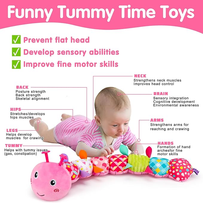 Baby Tummy Time Toy 0-6 Month Musical Stuffed Animal Plush Caterpillar Toy for Infant 6-12 Month Teething Sensory Toy with Crinkle Rattle for Babies 0-3-6 Month Newborn Toys Girl Shower