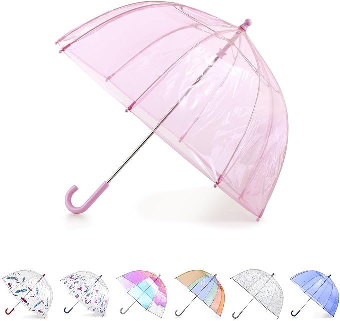 totes Kids Clear Bubble Umbrella with Dome Canopy, Lightweight Design, Wind and Rain Protection Umbrella, Pink, Kids - 38" Canopy