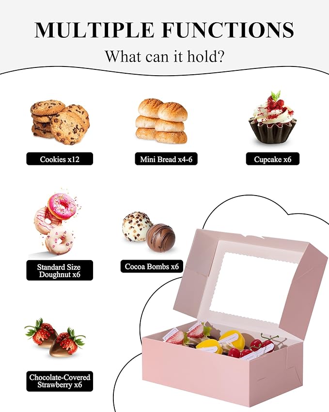 COTOPHER 10Pcs Cookie Boxes with Ribbons, 9x6x3 Inch Bakery Boxes with Window, Pink Treat Containers for Pastries, Chocolate Covered Strawberries, Dessert, Easter Candy, Muffins, Donuts