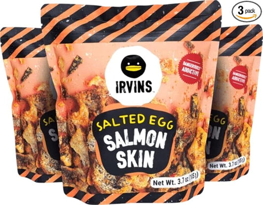 IRVINS Salted Egg Salmon Skin Chips Crisps | Premium Hand Cooked | Halal | High Protein | Keto-Friendly | 3.7 oz (Pack of 3)