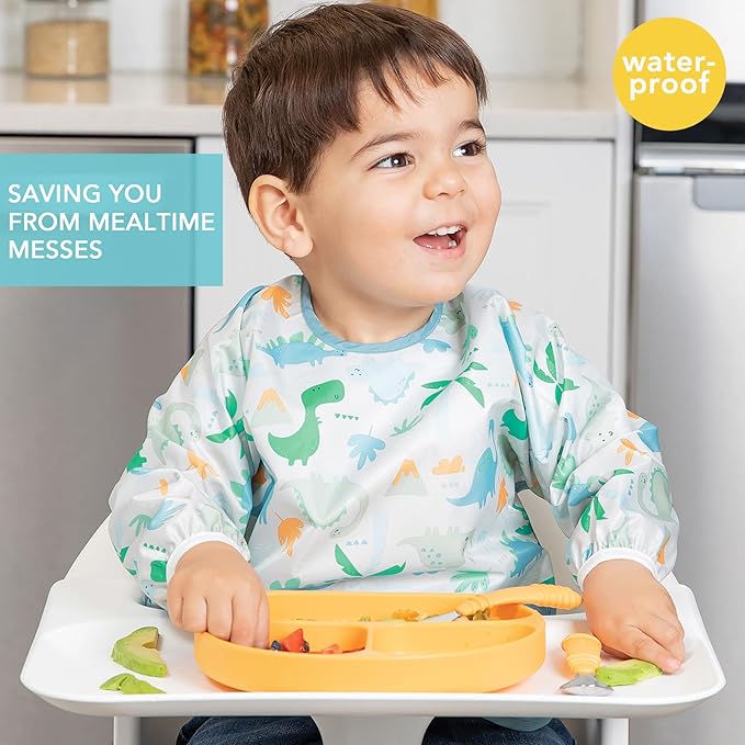 Bumkins Sleeved Bib for Girl or Boy, Baby and Toddler for 6-24 Mos, Essential Must Have for Eating, Feeding, Baby Led Weaning Supplies, Long Sleeve Mess Saving Food Catcher, Fabric, Dinosaur Gray