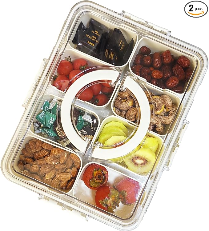 Divided Clear Snack Serving Tray with Lid & Handle, 8 Compartments Snackle Box Charcuterie Board Container Storage Organizer for Fruit Candy Veggie Snacks, Perfect for Travel Picnic, 2PCS