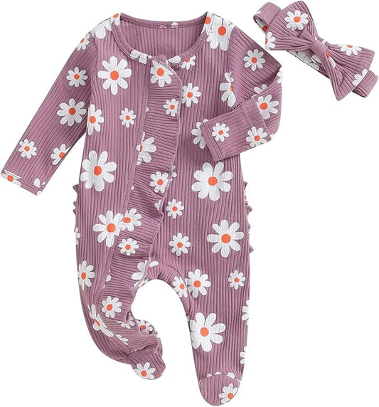 Newborn Girl Clothes Baby Girl Coming Home Outfit Zipper One-piece Outfits Ruffle Footie Bodysuit Jumpsuit Headband