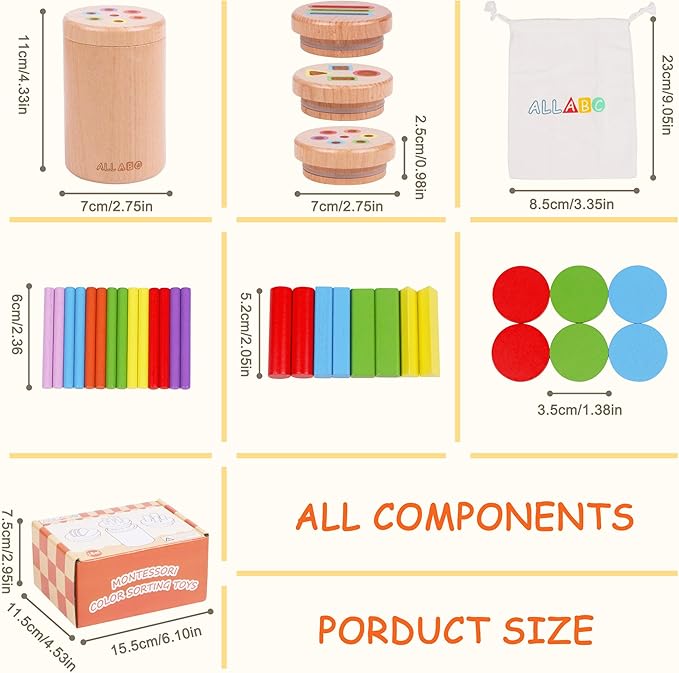 ALLABC 3-in-1 Montessori Color Sorting Toys for 1 2 3 Year Old, Preschool Learning Activities, Wooden Educational Sensory Toys for Toddlers 1-3, Montessori Fine Motor Skills Toy for Age 18 Month Old