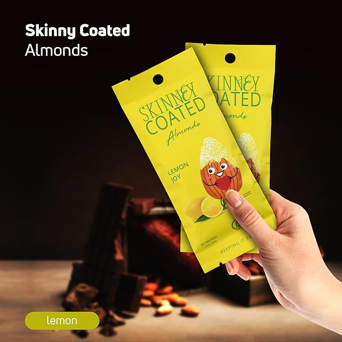Skinny Coated Almonds Lemon Joy Snacks, Lemon Flavored Healthy Chocolate Snacks in Bulk - Skinny Almonds, Kosher, Gluten Free Sweet Snacks for Adults, 1.2Oz p/Bag, 6 Pack