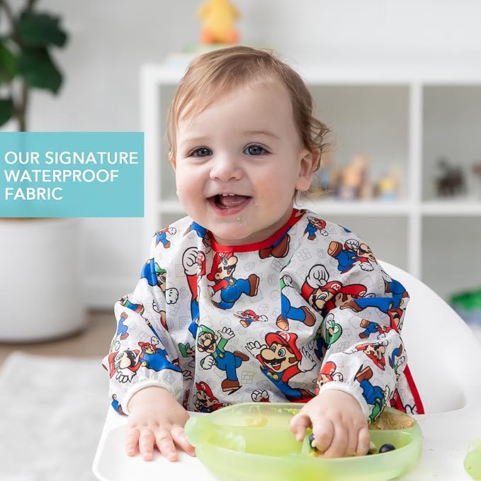 Bumkins Bibs, Baby and Toddler Girls and Boys 6-24 Months, Long Sleeve, Essential Must Have for Eating, Feeding, Mess Saving Lightweight Waterproof Fabric Sleeved Smock, Nintendo Mario and Luigi