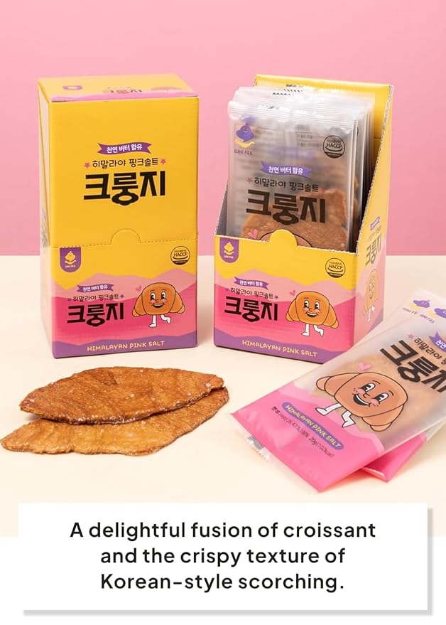 K FOOD KOREAN FOOD Flat Croissant Himalayan Pink Salt – Bulk Pack (30 Count), Crispy Croissant Snack with 26.43% Natural Butter, Individually Wrapped for Freshness & Convenience, 크룽지, 히말라야 핑크솔트