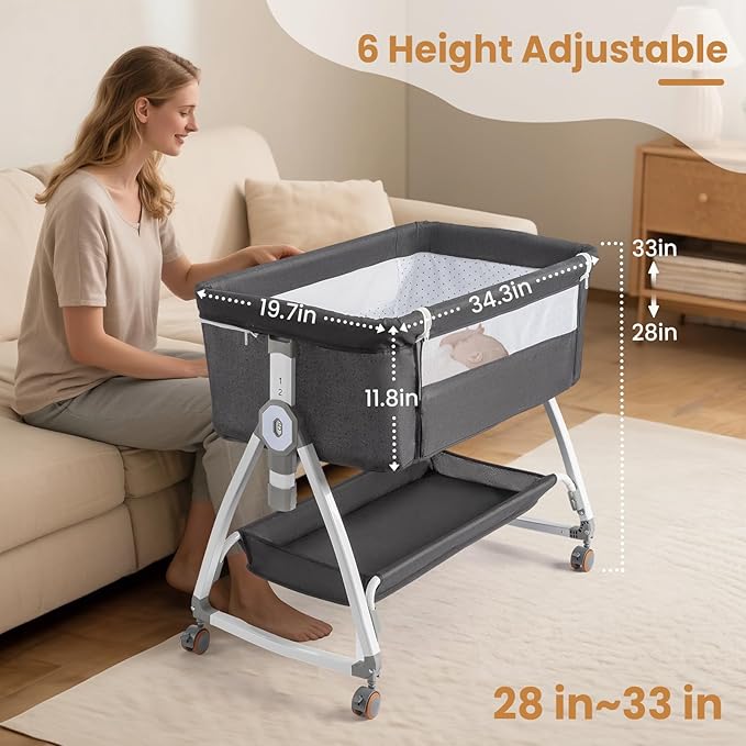 JOYMOR 3 in 1 Baby Bassinet, Bedside Bassinet for Baby, with Comfy Mattress and Wheels, 6 Height Adjustable Easy Folding Portable Bedside Crib for Newborn (Black)