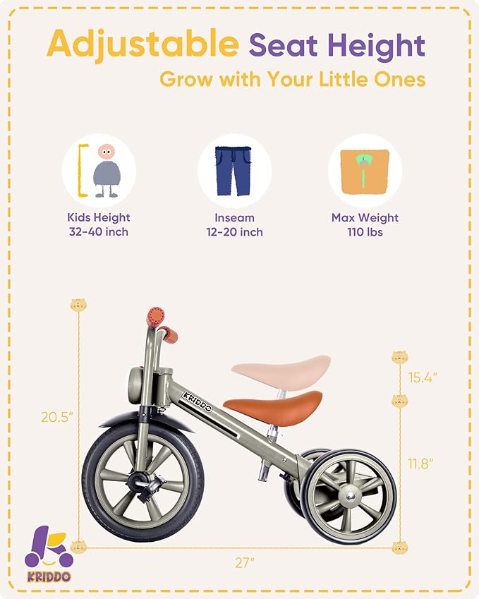 KRIDDO Kids Tricycles Age 2 Years to 5 Years, 12 Inch Puncture Free Rubber Wheel w Front Light, Kids Trike for 2.5 to 5 Year Old, Gift Toddler Tricycles for 2-5 Year Olds, Trikes for Toddlers, Grey
