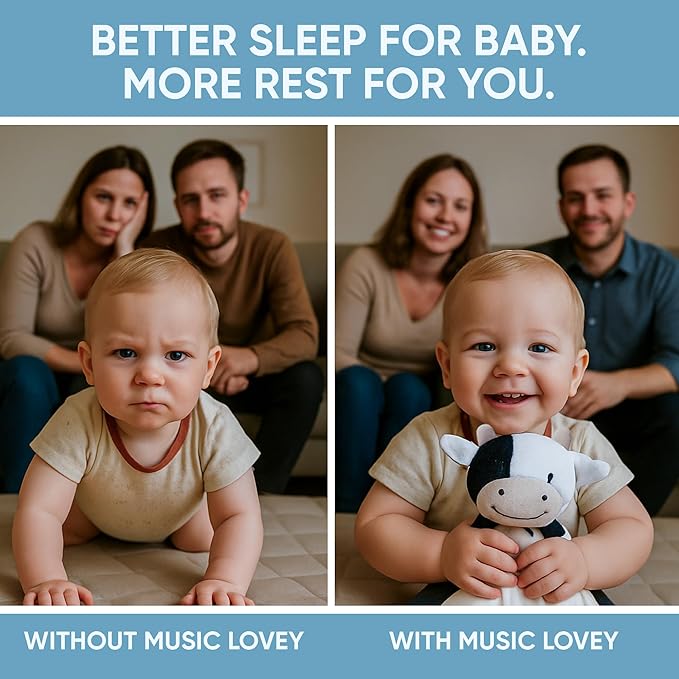 Love By Emi Baby Music Lovey Black & White Cow, Baby Sleep Soother for Crib & Cuddle Bedtime, White Noise with Heartbeat & Lullaby, Plush Sound Toy, Stuffed Animal for Newborns, Infants & Toddlers