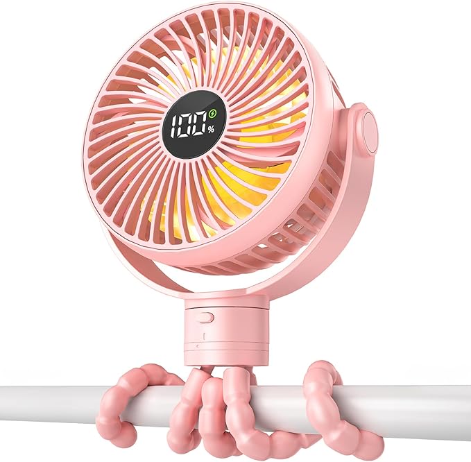 Portable Stroller Fan, 4000mAh Rechargeable Clip on Baby Fan 25H Battery Life, Head Detachable 360° Rotate Mini Fans, 4 Speed Personal Fans with Night Light for Car Seat Crib Bike Treadmill