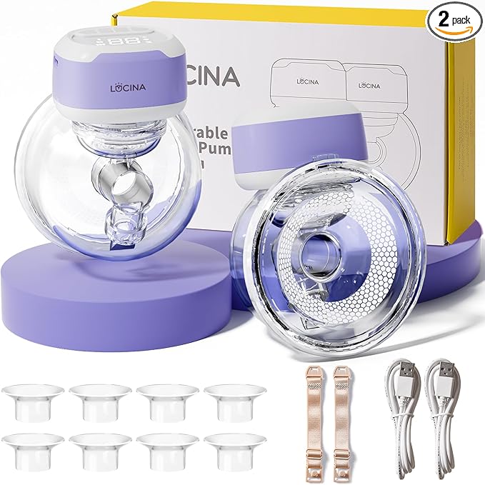 Wearable Breastfeeding Pump Hands Free of Long Battery Life, Portable Electric Wireless Breast Pump with 3 Modes and 9 Levels, LED Display, 16/18/20/22/24mm Flanges & Inserts, 2 Pack (Purple)