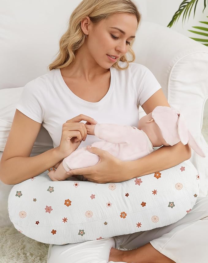 Nursing Pillow Covers 2 Pack, Muslin Nursing Cover for Breastfeeding Pillows, Comfortable for Baby Girls and Boys (Sage & Flower-B)