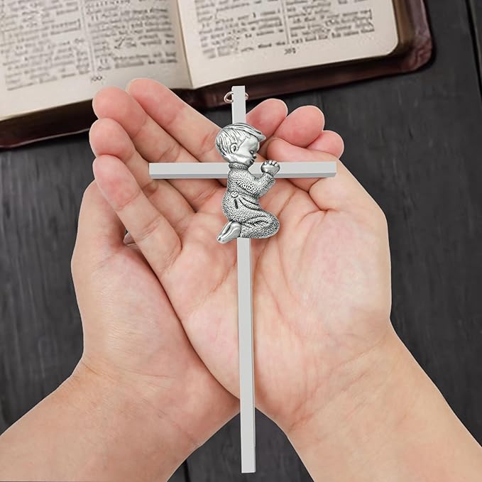 Baptism Gifts for Boys & Girls,First Communion Gifts for Kids,Christening Baby Shower Party 6in Praying Cross (1pc Silver Boy Only)