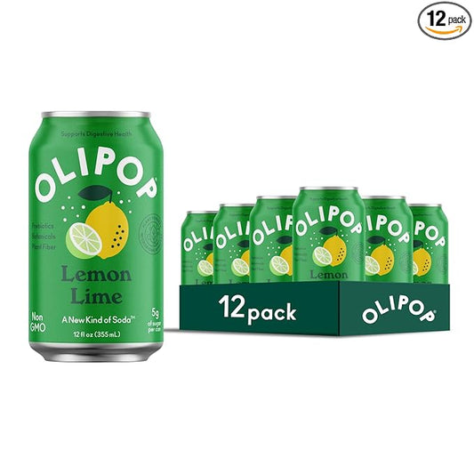 OLIPOP Prebiotic Soda Pop, Lemon Lime, Pantry Pack Packed with Prebiotics, Fiber, and Botanicals, Gluten Free, Vegan, GMO Free, 12oz (12-Cans)