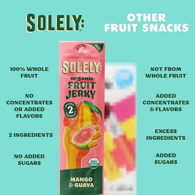 SOLELY - Organic Mango Guava Fruit Jerky - 12 Individually Wrapped Strips (12-Pack) - Fruit Leather Made from Dried Fruit - Healthy Snacks for Adults & Kids - Non GMO, Vegan Snacks - 0.8oz (23g)