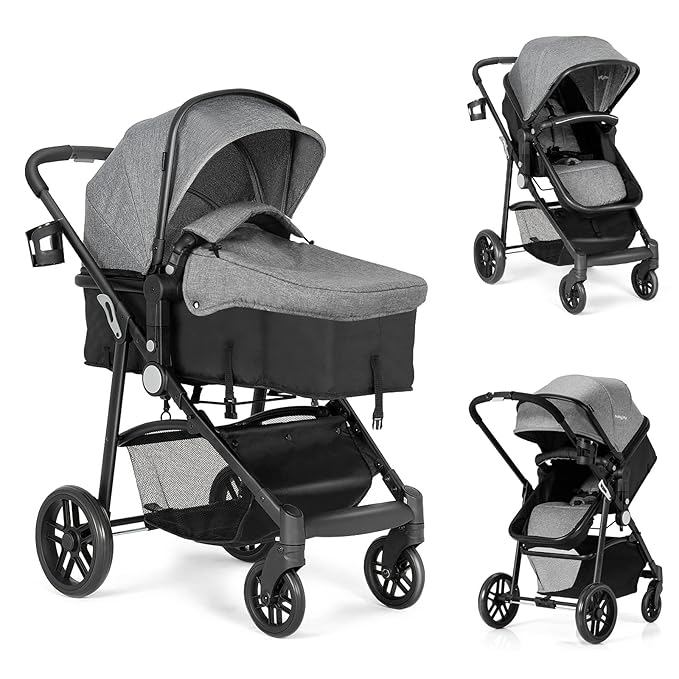 BABY JOY Baby Stroller, 2 in 1 Convertible Carriage Bassinet to Stroller, Pushchair with Foot Cover, Cup Holder, Large Storage Space, Wheels Suspension, 5-Point Harness (Gray)