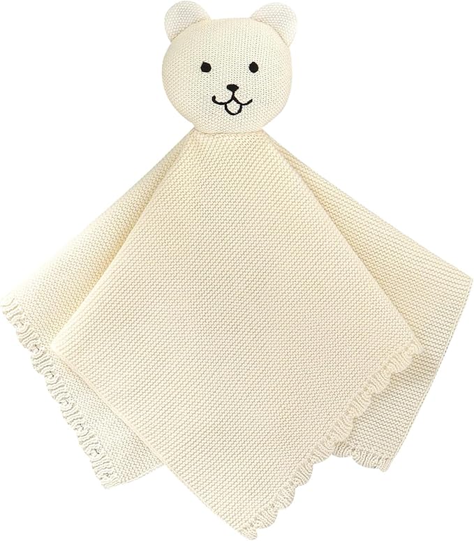 LAWKUL Baby Blanket Bear Lovey Soft Cuddly Security Blanket for Newborns Infants Boy Girl Knit Snuggle Comfort White 16x16in