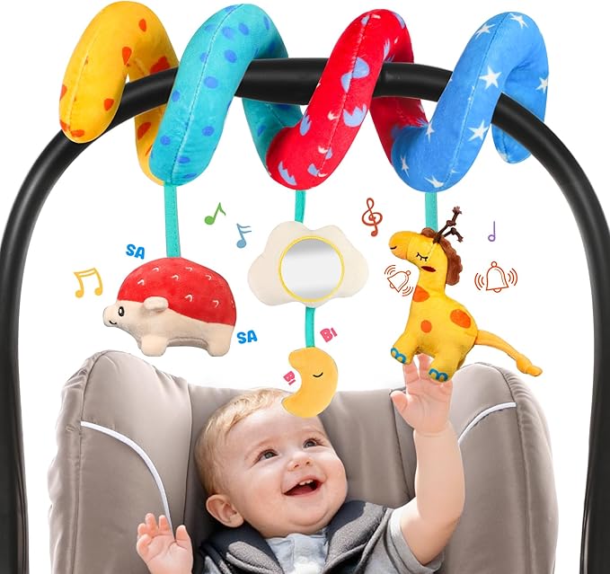 URMYWO Spiral Car Seat Toys for Babies 0-6 Months, Hanging Toy Fits Stroller, Developmental Sensory Baby Toy with Teether Crinkle Mirror, Baby Travel Gear Shower Gift for Boys Girls