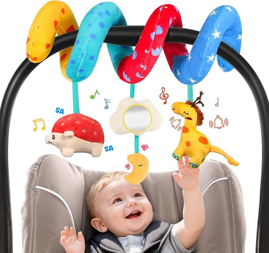 URMYWO Spiral Car Seat Toys for Babies 0-6 Months, Hanging Toy Fits Stroller, Developmental Sensory Baby Toy with Teether Crinkle Mirror, Baby Travel Gear Shower Gift for Boys Girls
