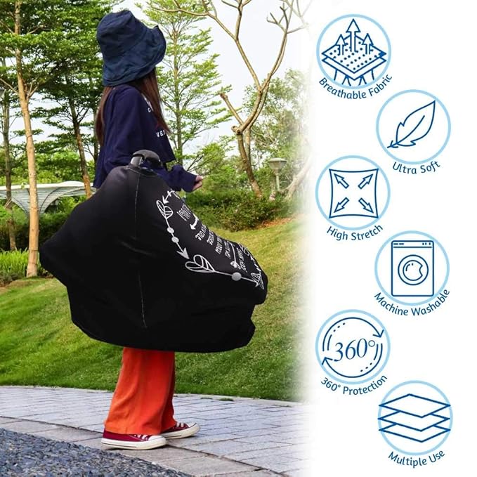 Car Seat Covers for Babies, No Touching Sign Car seat Canopy, Infant Stroller Covers for Newborn Girl Boy, Multiuse Nursing Covers for Breastfeeding, Ultra-Soft Breathable, High Chair Cover, Black