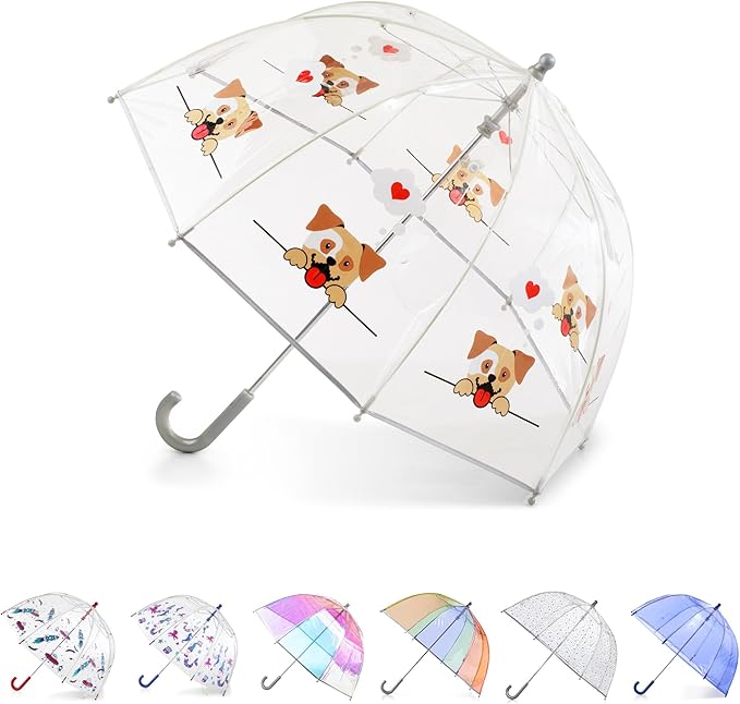 totes Kids Clear Bubble Umbrella with Dome Canopy, Lightweight Design, Wind and Rain Protection Umbrella, Doggie Hearts, Kids - 38" Canopy