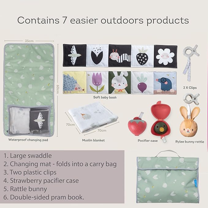 Outdoor Developmental kit, 7 Products Bamboo Swaddle, Baby Soft Book, Pacifier case, Changing mat, Carry Bag, rattling Toy Best for Newborns & up Development Montessori Infant Toys 0-6 Months Babies