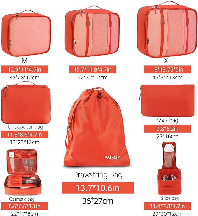 BAGAIL 8 Set Packing Cubes Luggage Packing Organizers for Travel Accessories-Orange