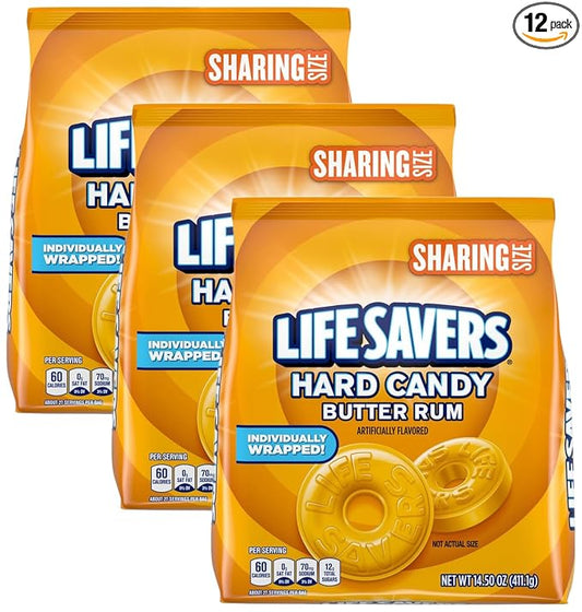 LIFE SAVERS HARD CANDY BUTTER RUM STAND UP POUCH SHELF READY PACKAGING 14.5 OUNCE PER BAG 4 PER CASE (Pack of 3)