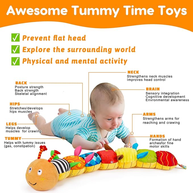 Baby Sensory Caterpillar Toys 0-3 Month Music Animal Stuffed Plush Toy for Infant 0-3-6-12 Month Tummy Time with Crinkle Rattle for Newborn 9-12 Month Texture Toy for Boy Girl Birthday Shower Gifts