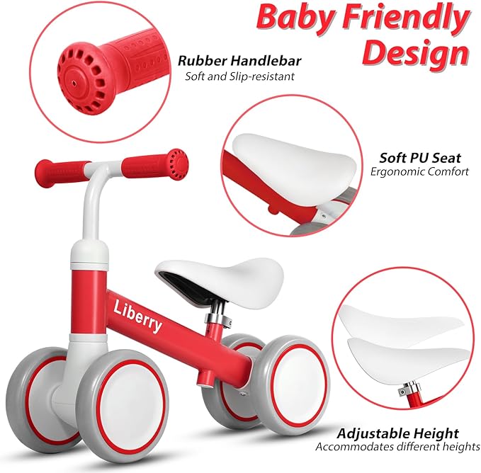 Liberry Baby Balance Bike for 1 Year Old Girls, 4 Wheels Toddler Balance Bike with Adjustable Seat, 12-24 Months Infant's First Birthday Gift (Red)