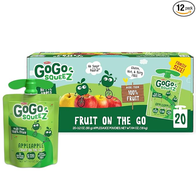 GoGo squeeZ Applesauce and Fruit Puree, Apple Apple, 3.2 oz (Pack of 20), Unsweetened Fruit Snacks for Kids, Gluten Free, Nut Free and Dairy Free, Recloseable Cap, BPA Free Pouches