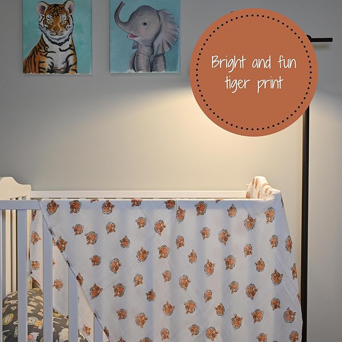 LollyBanks 100% Cotton Muslin Swaddle Blanket, Large 47 x 47 Inches, Tiger Theme, Orange, Modern Animal Print, Breathable and Lightweight, Baby Care, 1 Count