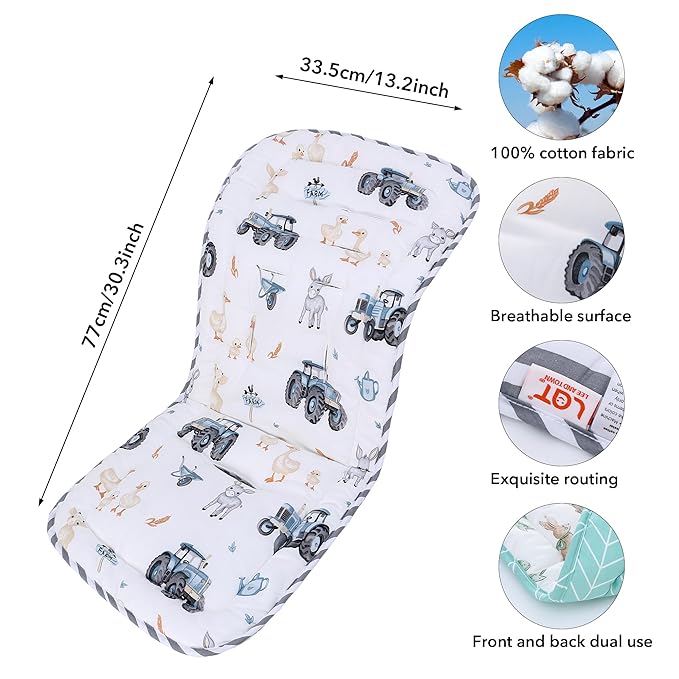 Baby Stroller Cushion,Infant Car Seat Insert-Reversible Universal Breathable and Soft Newborn Stroller Mat,100% Cotton Cover Toddler Seat Pad Liner-34x78cm,1 Pack(Car+Gray Stripes)