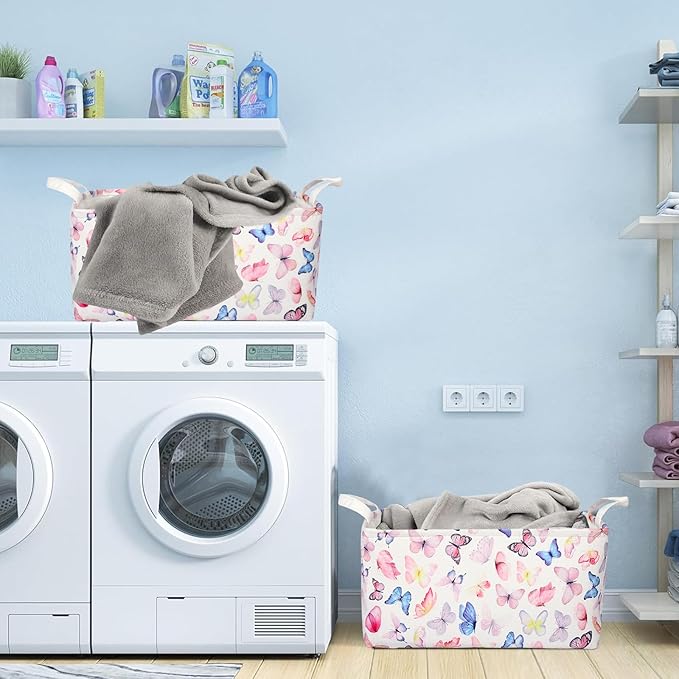 Butterfly Girls Shelf Basket Pink Baby Shower Basket for Kids Room Rectangle Clothes Toys Cube Storage Basket (Butterfly)