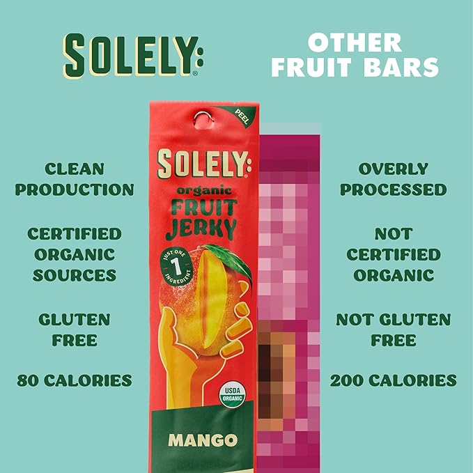 SOLELY - Organic Mango Raspberry Fruit Jerky - 12 Individually Wrapped Fruit Strips - Fruit Leather - Healthy Snacks for Adults & Kids - Non GMO, Vegan Snacks - 0.8oz (23g)