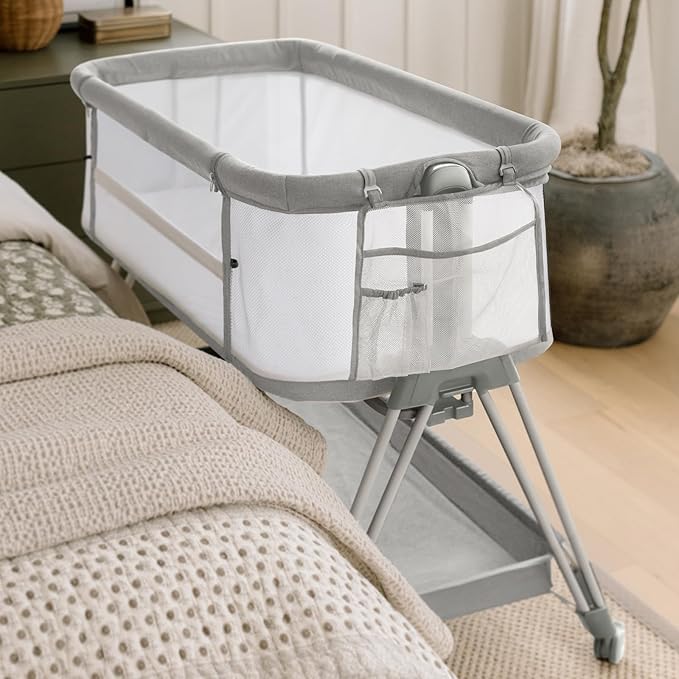 Fodoss Bedside Bassinet for Baby with Wheels, All Mesh Bedside Crib with Storage Basket, Hight Adjustable and Easy Assembly