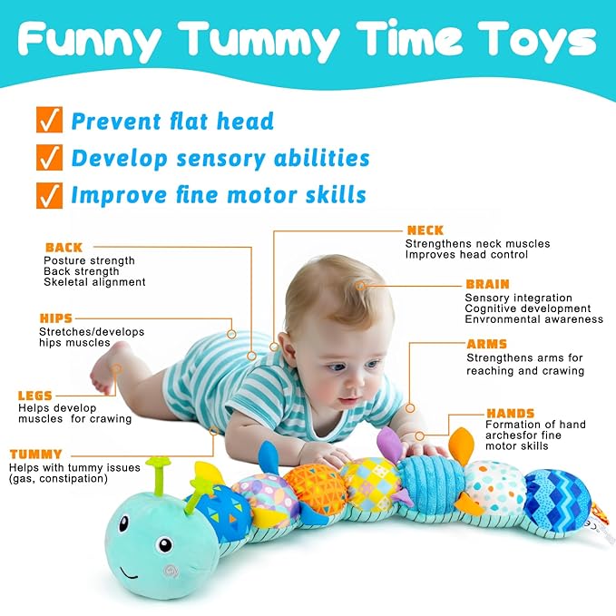 Baby Tummy Time Toys 0-6 Month Musical Stuffed Animal Plush Caterpillar Toy for Infant 6-12 Month Teething Sensory Toy with Crinkle Rattle Babies 0-3-6 Month Newborn Boy Girl Birthday