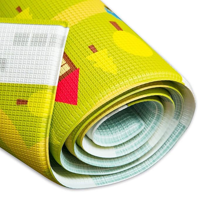 Baby Care Play Mat (Large, Playful - Country Town (Blue)) 82'' x 55'' Original One-Piece Reversible Rollable Waterproof Play Mat for Infants, Babies, Toddler, and Kids