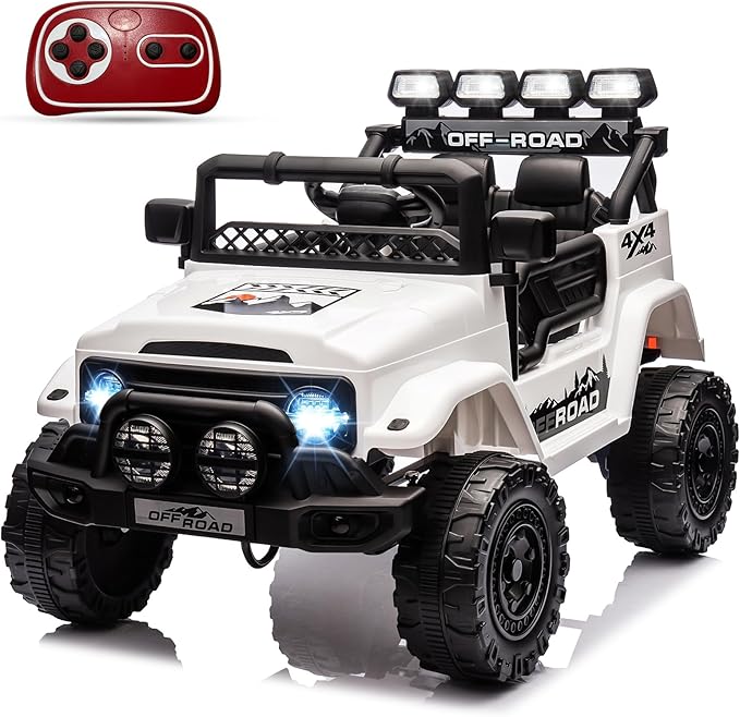 GarveeLife 12V Kids Ride On Car, Ride On Toy for Kids Ages 37-96 Months, Electric Truck with 5MPH Max Speed, Remote Control, Steering Wheel, Accelerator Pedal, Treaded Tires, Music and Story, White