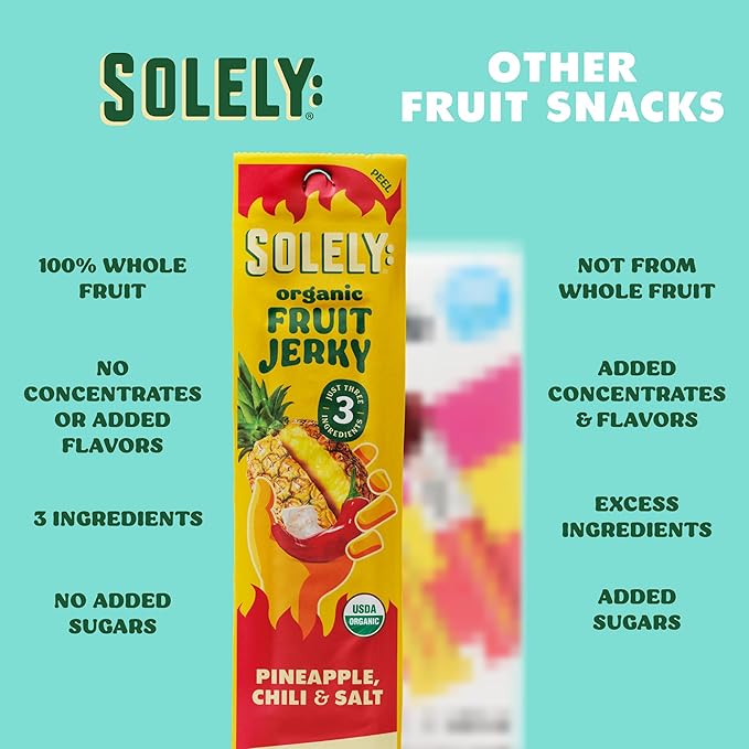 SOLELY - Organic Spicy Pineapple Chili and Salt Fruit Jerky - 12 Individually Wrapped Strips - Fruit Leather Made from Dried Fruit - Healthy Snacks for Adults & Kids - Vegan Snacks - 0.8oz (23g)
