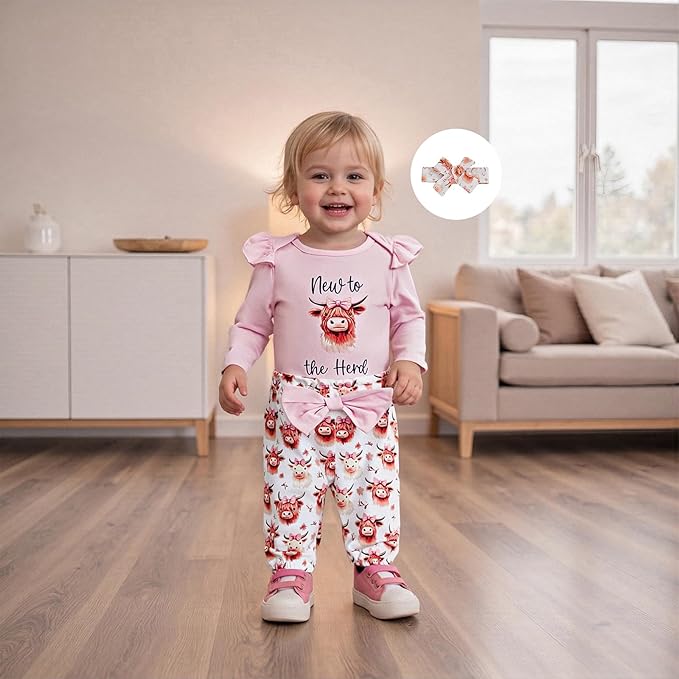 Fernvia Western Newborn Baby Girl Clothes Long Sleeve Letter Print Romper Animal Print Pants Headband 3Pcs Outfits Sets