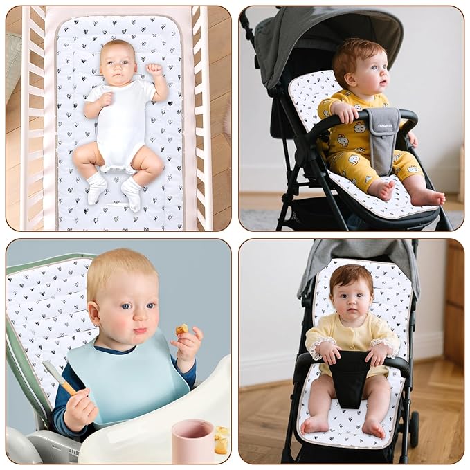 Baby Stroller Cushion,Infant Car Seat Insert-Reversible Universal Breathable and Soft Newborn Stroller Mat,100% Cotton Cover Toddler Seat Pad Liner-34x78cm,1 Pack(Black Heart+Khaki)