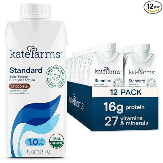 KATE FARMS Organic 1.0 Sole-Source Nutrition Shake, Chocolate, 16g Protein, 27 Vitamins and Minerals, Meal Replacement, Protein Shake, 11 oz (12 Pack)