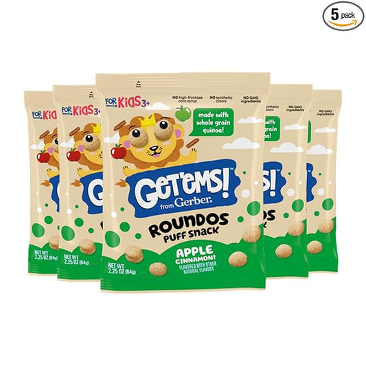 Get'ems! from Gerber, Snacks for Kids, Apple Cinnamon Roundos Puffs, Made with Whole Grain Quinoa, Calcium to Support Strong Bones - 5 pack