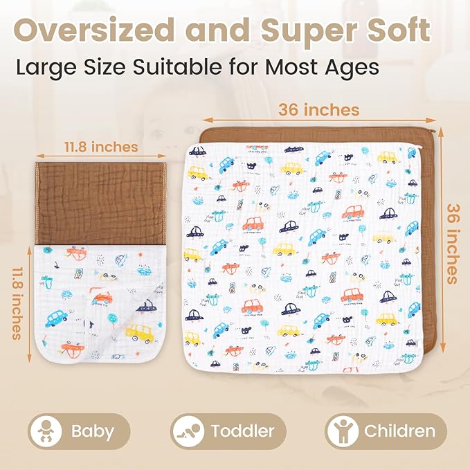 Hooded Baby Towels for Newborn, 2 Pack 36x36Inch Muslin Cotton Baby Bath Towel and 2 Pack 12x12Inch Washcloth Set with Hood for Babies, Toddler and Kids, Essentials Must Haves (Coffee and Car)