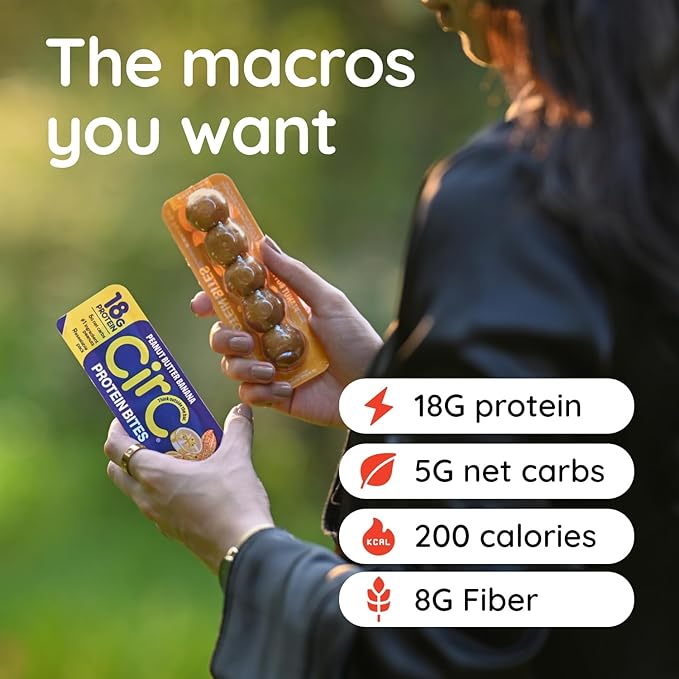 CirC Protein Bites - 12 Count Peanut Butter Banana High Energy Balls - 18g of protein from 4g Collagen 5g of net carbs, Whey & Peanuts - Portable Healthy Snacks in 5-Piece Resealable Packs