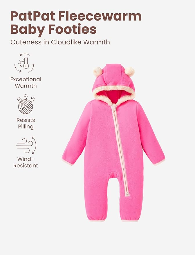PATPAT Fleece Hooded Footed Romper Clothes, Soft Warm Footie Covers, Car Seat Friendly, Easy Zip, Cute Boy Girl