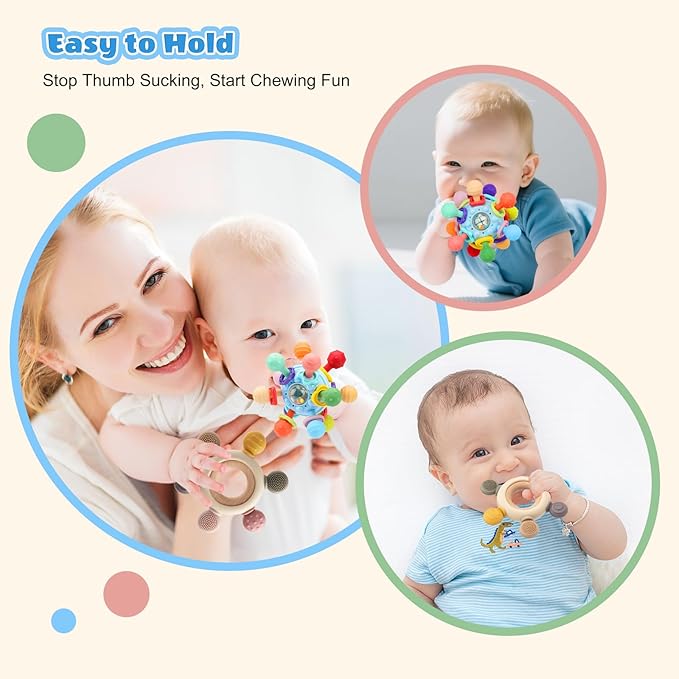 2 Pack Baby Teething Toys for 0-6 6-12 Months, BPA-Free Chew Teether Toys for Teething Pain Relief, Infant Sensory Rattles Toys, Gifts for Newborn Boys Girls 0 3 6 9 12 18 Months